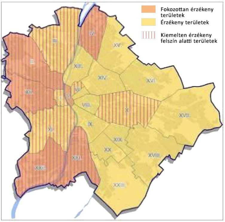 4. ábra: Budapest kerületeinek a felszín alatti víz állapota szempontjából érzékeny területeken levő települések besorolásáról szóló rendelet 17 szerinti besorolása Forrás: Budapest Környezeti