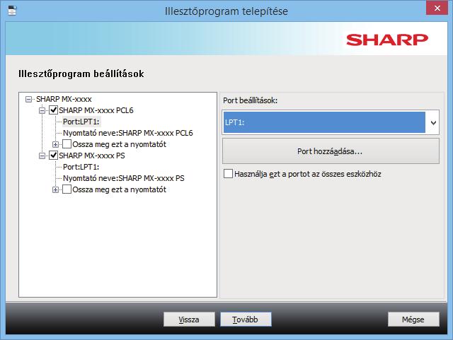 1 Válassza a [Meglévő port használata] lehetőséget, és kattintson a [Tovább] gombra. A speciális telepítési képernyő megjelenítéséhez olvassa le az "Egyéni telepítés (7. oldal)" részt.