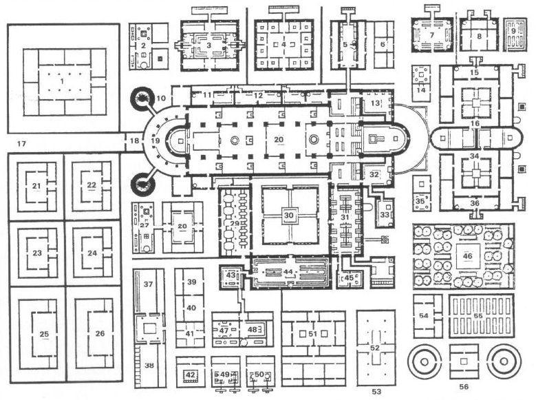 ST. GALLEN, IDEÁLTERV IX. szd. eleje 1. vendégház, 2. gazdasági épület, 3. vendégház, 4. külső iskola, 5. apát háza, 6. gazdasági épület, 7. érvágás háza, 8. orvos és gyógyszertár, 9. fűvészkert, 10.