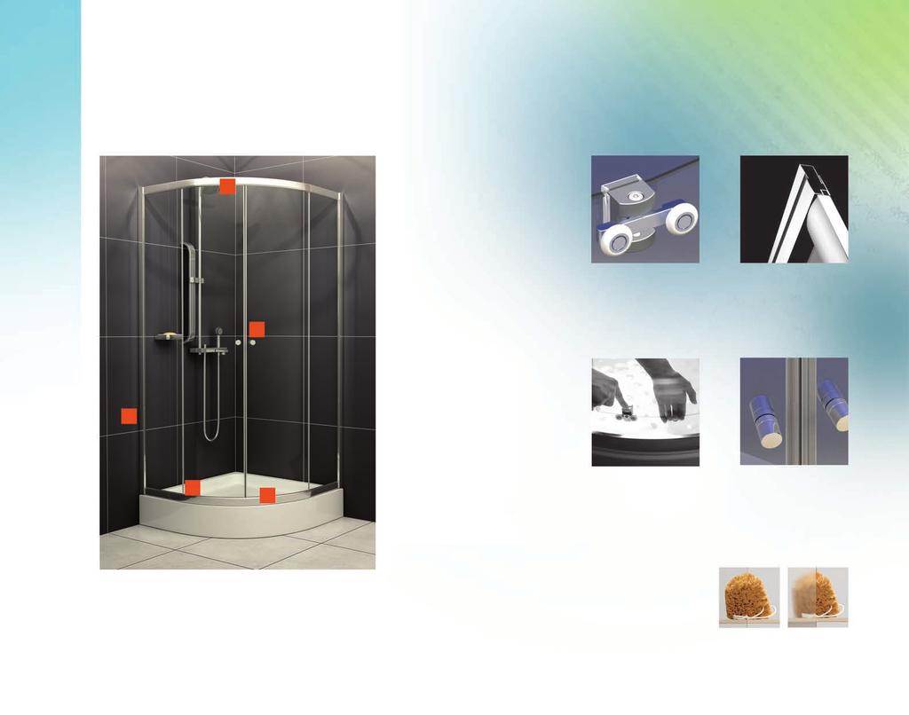 80x80 cm és 90x90 cm-es íves zuhanykabinok Projecta 1. 1850 1. Alul-felül dupla csapágyas görgők biztosítják az ajtók hangtalan és precíz mozgását. 2.