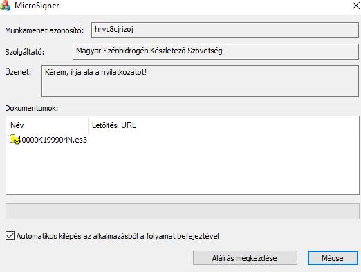 Az aláírás folytatásához a számítógép ismét elindítja a MicroSigner programot, betölti az aláíró tanúsítványt és rákérdez az Aláírás megkezdésére.