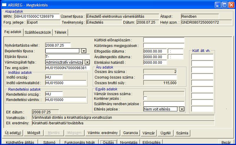 látható az osztandó MRN, eredeti üzenet bruttó-,