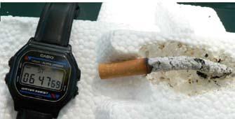 3. Ég a cigaretta a papírra helyezett fólián Finom faforgács gyújtási kísérlete A gyújtási kísérlet adatai: A hőmérséklet 30 C, enyhe szél, 755 hgmm, minimális nedvességtartalom.