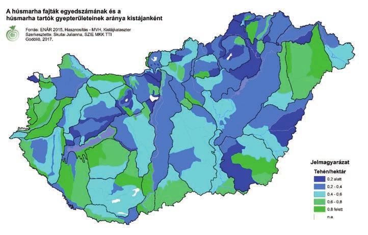 ÁLLATTENYÉSZTÉS ÉS TAKARMÁNYOZÁS, 2017. 66. 4. 361 3. ábra Az összes húshasznú tehénlétszám és a támogatás-igényelt gyepterület alapján kalkulált legelőterhelés 2015-ben Figure 3.