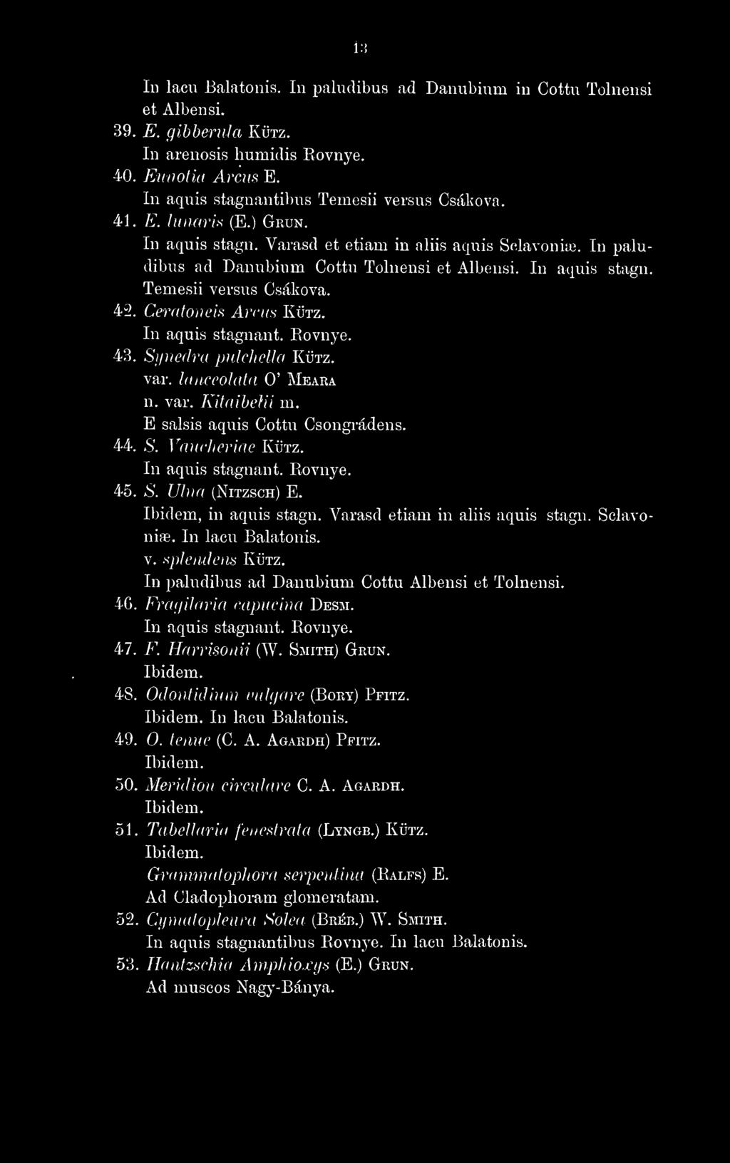 In aquis stagnant. Rovnye. 43. Synedra pulcheua Kütz. var. lanceokita 0' Meara n. var. KitaiheUi m. E saisis aquis Cottu Csongrádens. 44. S. Vaucheriae Kütz. In aquis stagnant. Rovnye. 45. S'.