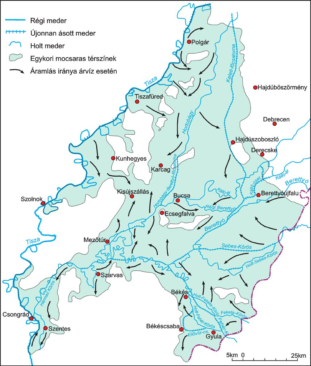3. ábra. A Tisza és mellékfolyóinak árvízjárta területei a szabályozások előtt (Ihrig D.