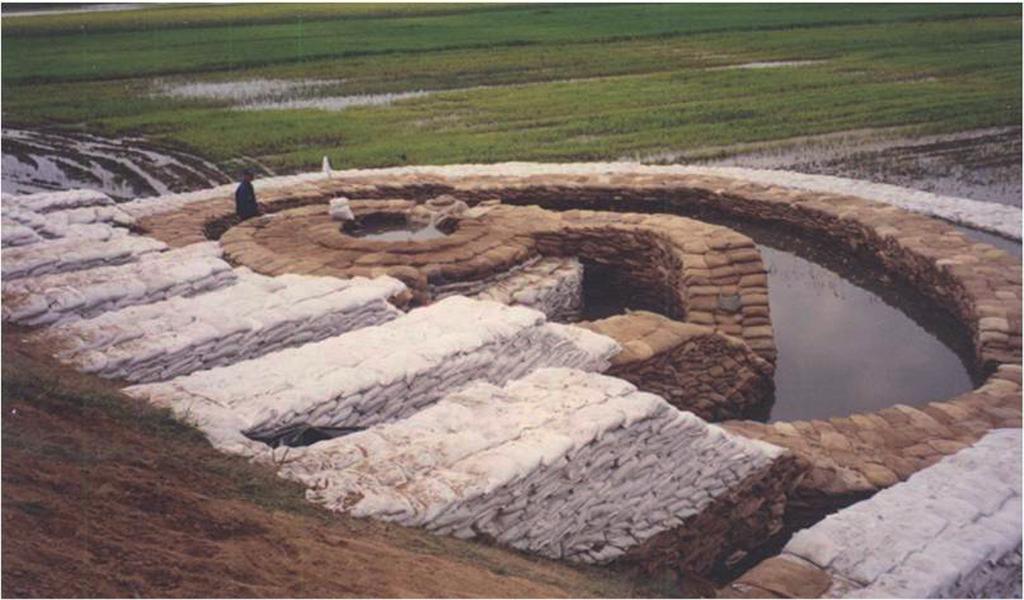 13. kép. Közép-Európa legnagyobb buzgárja Tiszasasnál 2000 áprilisában. A buzgár a Tisza bal partján a mentett oldalon, a töltés lábától 4 m-re alakult ki.
