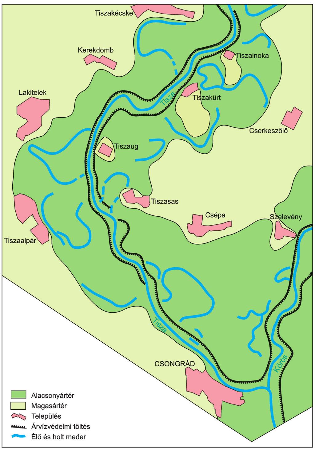 10. ábra. Térképvázlat a Tiszakécske és Csongrád közötti Tisza-szakaszról (Schweitzer F. 2001).