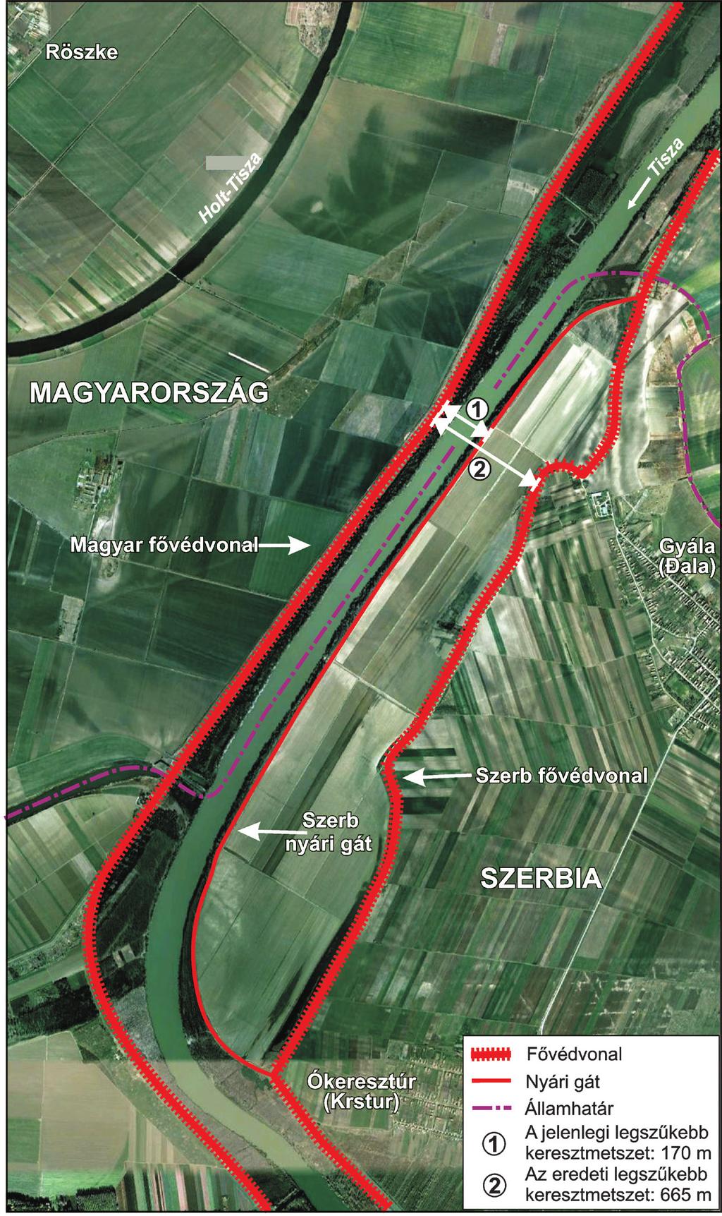 12. ábra. A Tisza hullámterének szűkülése a szerbek által kiépített nyárigát hatására.