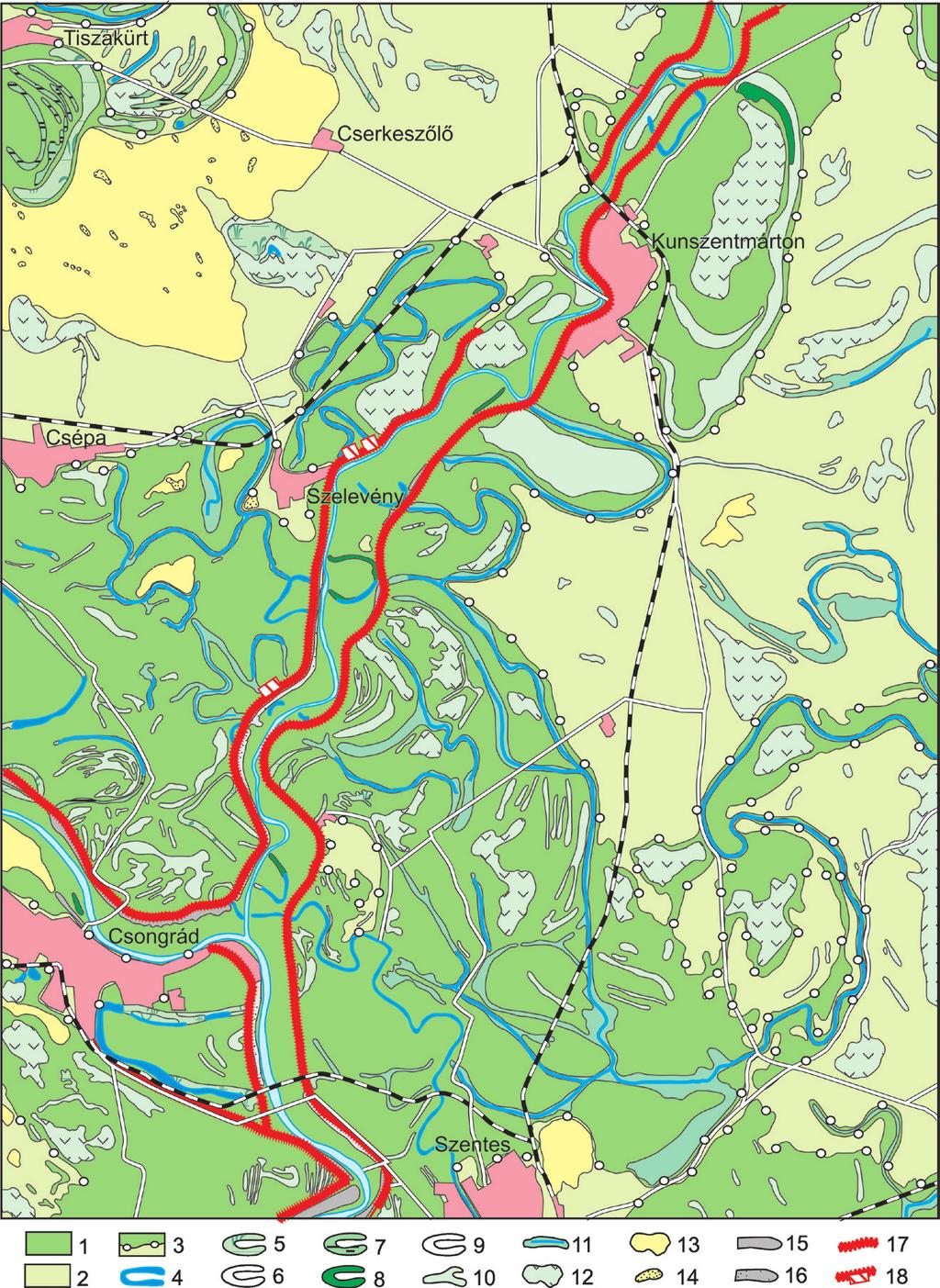 14. ábra. A Körös torkolatvidéke és tágabb környezetének mérnök-geomorfológiai térképe (szerk.: Balogh J., Schweitzer F. 2001). A térkép tartalma az alacsonyártéri víztározás de nem a vésztározás!