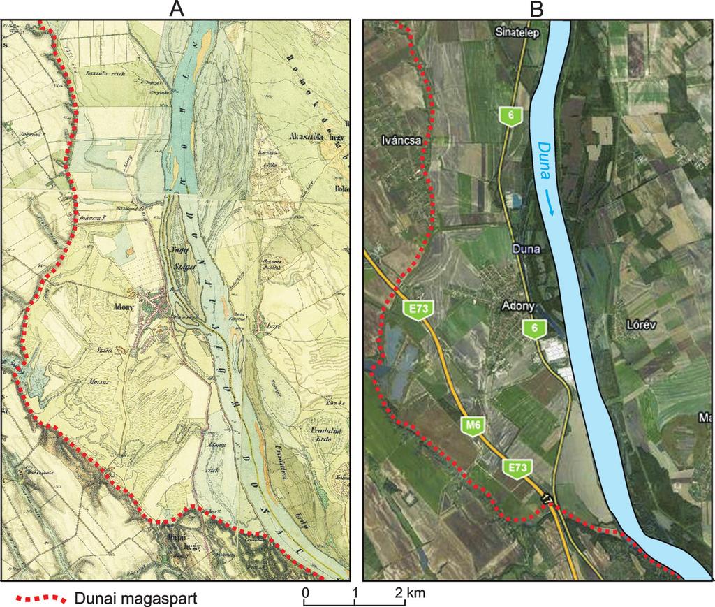 17. ábra. Az Adonyi-öblözet a terület 2. katonai felmérésének (1858) idején (A), és napjainkban a Google Maps műholdfelvételén (B). Utóbbin látható az árvízvédelmi töltésen vezetett 6. sz.