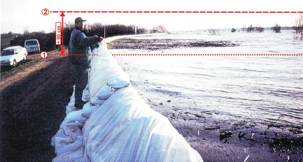 3. kép. Katasztrófahelyzet a Tiszán Tiszasülynél 2000-ben. (Fotó: KÖTIVIZIG). 1 = Az árvízi tetőzés szintje 2000-ben (1041 cm); 2 = A tetőzés várható magassága 2030-ban (1131 cm).