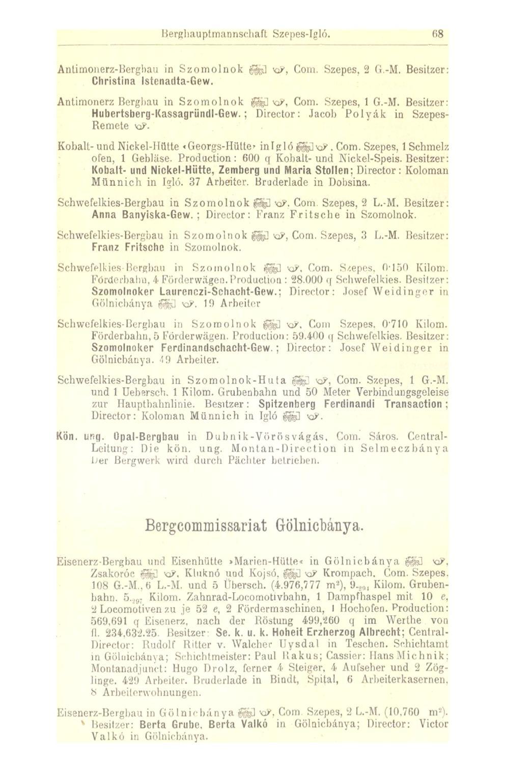 68 Antimonerz-Bergbau in Szomolnok fe] Com. Szepes, 2 G.-M. Besitzer: Christina Istenadta-Gew. Anlimonerz Bergbau in Szomolnok fe] xj, Com. Szepes, 1 G.-M. Besitzer: Hubertsberg-Kassagründl-Gew.