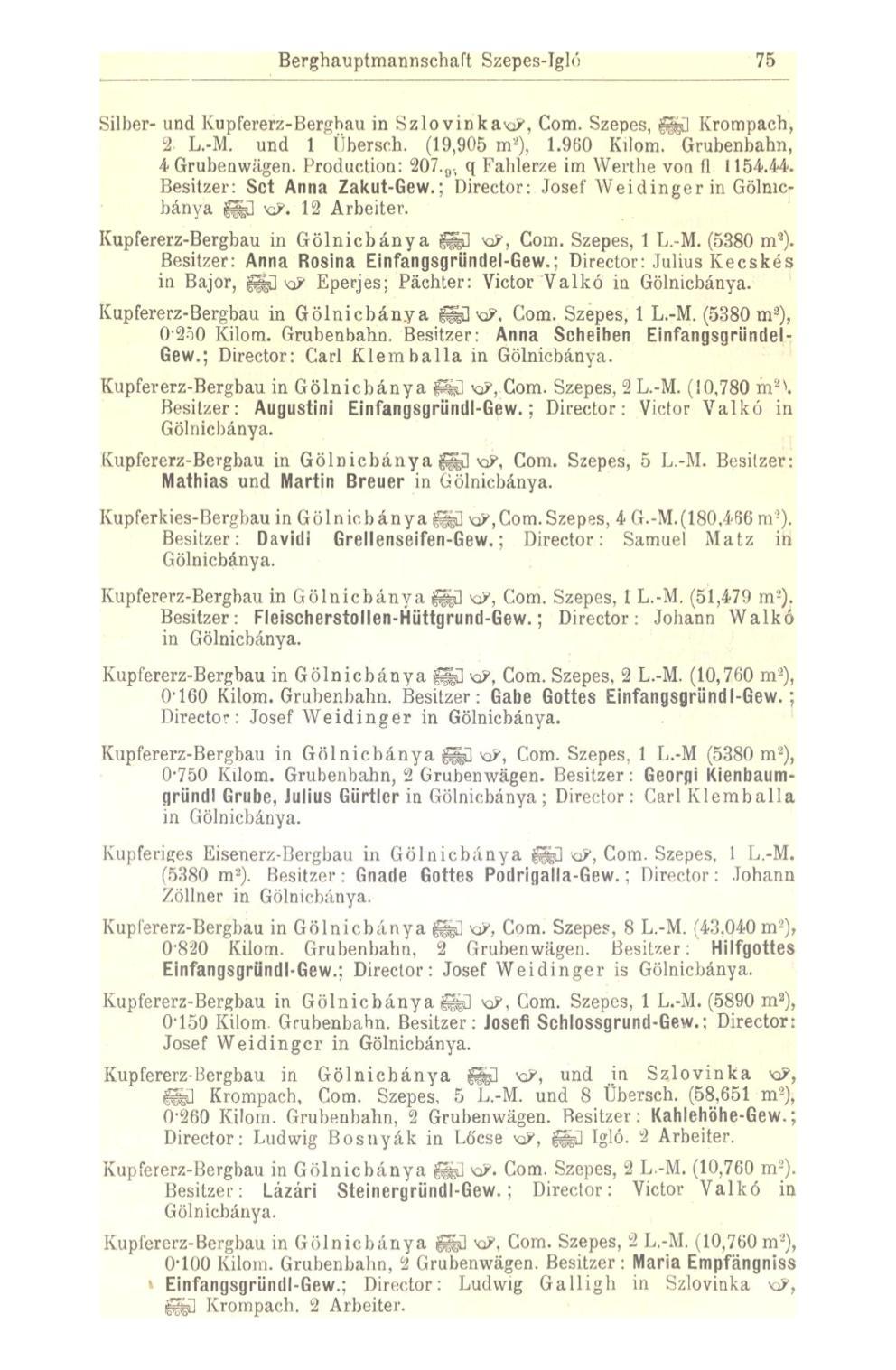 Berghauptmannsehaft Szepes-Igló 75 Silber- und Kupfererz-Berghau in Szlovinka^, Com. Szepes, fe] Krompach, 2. L.-M. und 1 Übersch. (19,905 m*), 1.960 Kilom. Grubenbahn, 4 Grubenwägen. Production: 207.