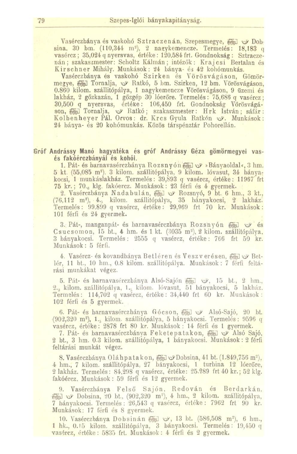 79 Szepes-Iglói bányakapitányság. Vasérczbánya és vaskohó Sztraczénán, Szepesrnegye, fe] KJ Dob sina, 30 bm. (110,341- ni"), 9 nagykemencze.