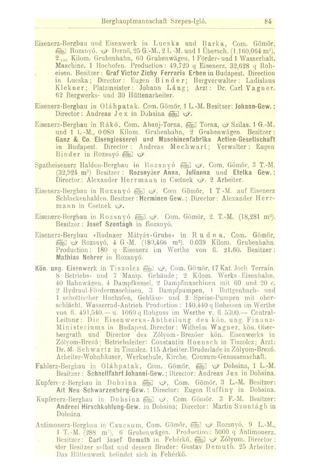 Berghauptmannsehaft Szepes-Igló. 84 Eisenerz-Bergbau und Eisenwerk in Lucska und Barka, Com. Gömör, fej Rozsnyó, KP Demo,25G.-M.,2L-M.und 1 (Jbérsch.(1.160,064m 8 ), 2. l00 Kilom.