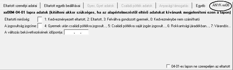 Alapadatok / Dolgozó törzsadatai / Alapadat / Eltartottak fül 1708-as bevallás 04-01-es laphoz kapcsolódó beállítások A 1708-as bevallásban a 1708M 04-01-es lapon a családi kedvezmény