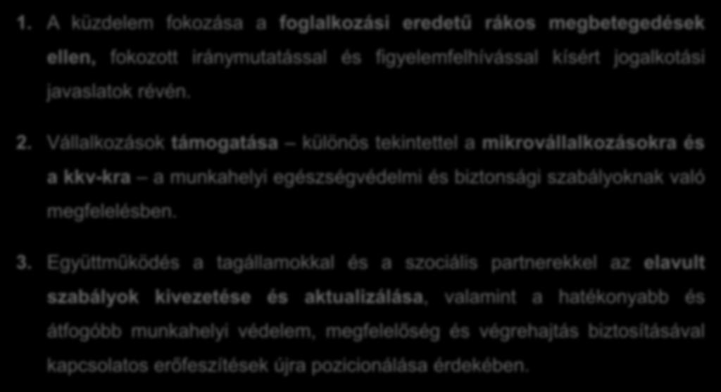 A HÁROM LEGFONTOSABB INTÉZKEDÉS 1. A küzdelem fokozása a foglalkozási eredetű rákos megbetegedések ellen, fokozott iránymutatással és figyelemfelhívással kísért jogalkotási javaslatok révén. 2.