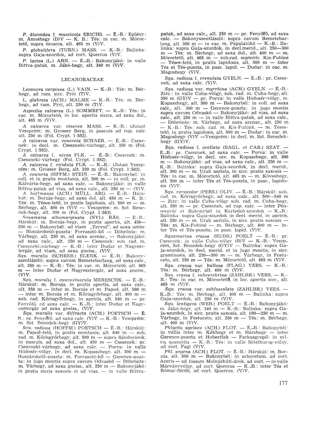 P. discoidea f. muscicola ERICHS. É.-B.: Eplény: m. Amoshegy (D)V К. В.: Tés: in cac. m. Móroctető, supra muscos, ait. 465 m P. globulifera (TURN.) MASS. K.-B.: Balinka: supra Gaja-szurdok, ad cort.