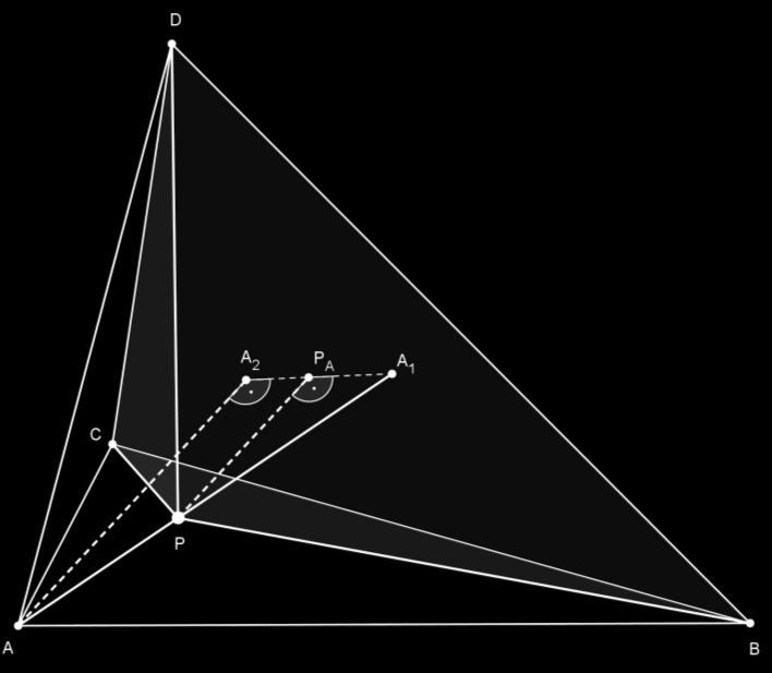 AA BB CC DD Legyenek a csúcsok merőleges vetületei a szemközti oldallapon rendre: A, B, C és D Az AA A háromszög síkjának és a BCD síknak az A A metszésvonalára illeszkedik a P pontnak a BCD síkra