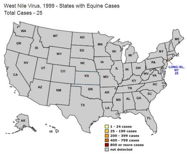 Előfordulás, humán és ló, 1999 Előfordulás, humán, 2007 és 2016 Előfordulás, ló, 2002 és 2016 West Nile Virus, 2016 - States with Equine Cases Total cases - 377 2015.