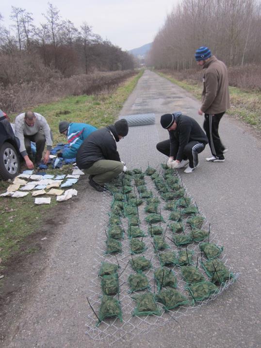 a.) b.) 6. kép: Az avarzsákok kihelyezése során a.) megtöltött avarzsákok rögzítése a rácson (Raposka, 2014.01.23.), majd b.) a rács rögzítése a patak medrébe (Tapolca, 2014.01.23.) A kísérletekben használt zsákok lyukbőségét az 1.