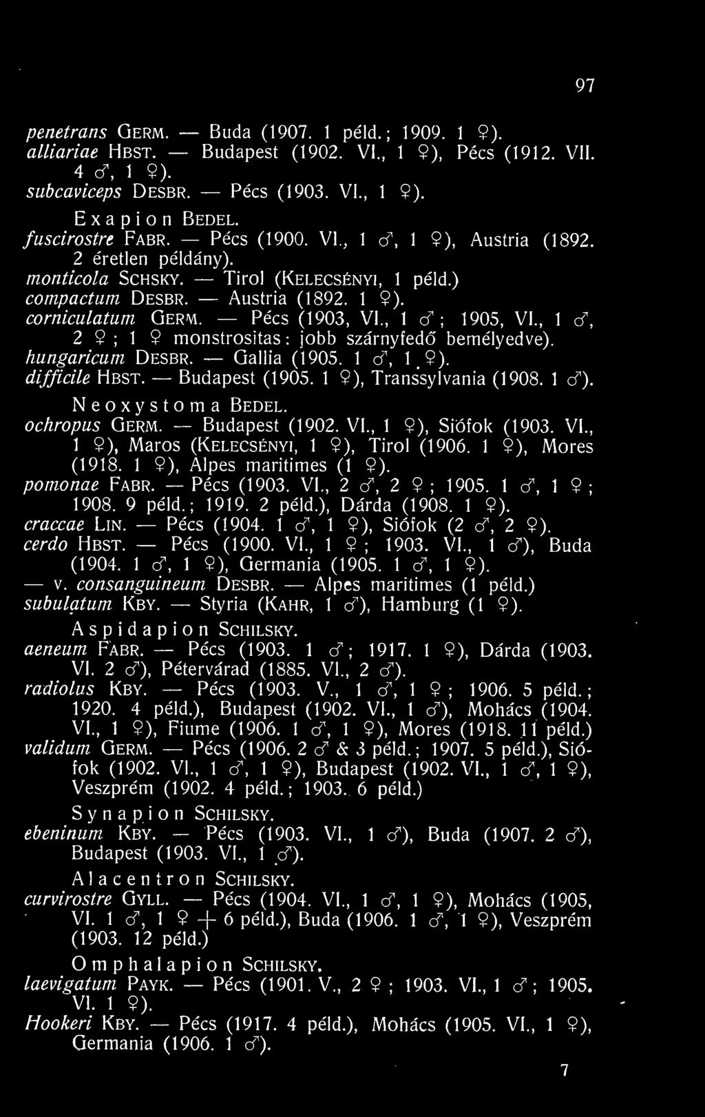 , 1 o^ ; 1905, VI., 1 c^, 2 9 ; 1 9 monstrositas : jobb szárnyfed bemélyedve). hungaricum Desbr. Gallia (1905. 1 ct, 1 9). difficile Hbst. Budapest (1905. 1 9), Transsylvania (1908. 1 cf).