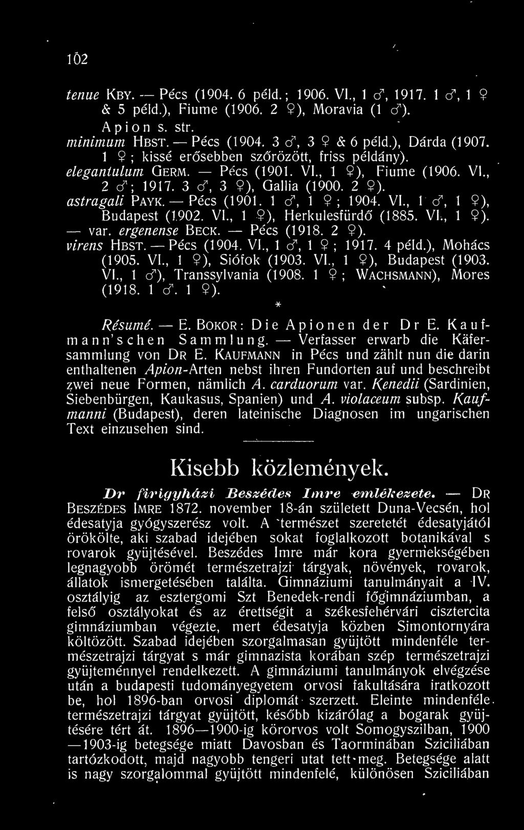 Kaufmann in Pécs und zahlt nun die darin enthaltenen Apion-hvitn nebst ihren Fundorten auf und beschreibt zwei neue Formen, námlich A. carduorum var.