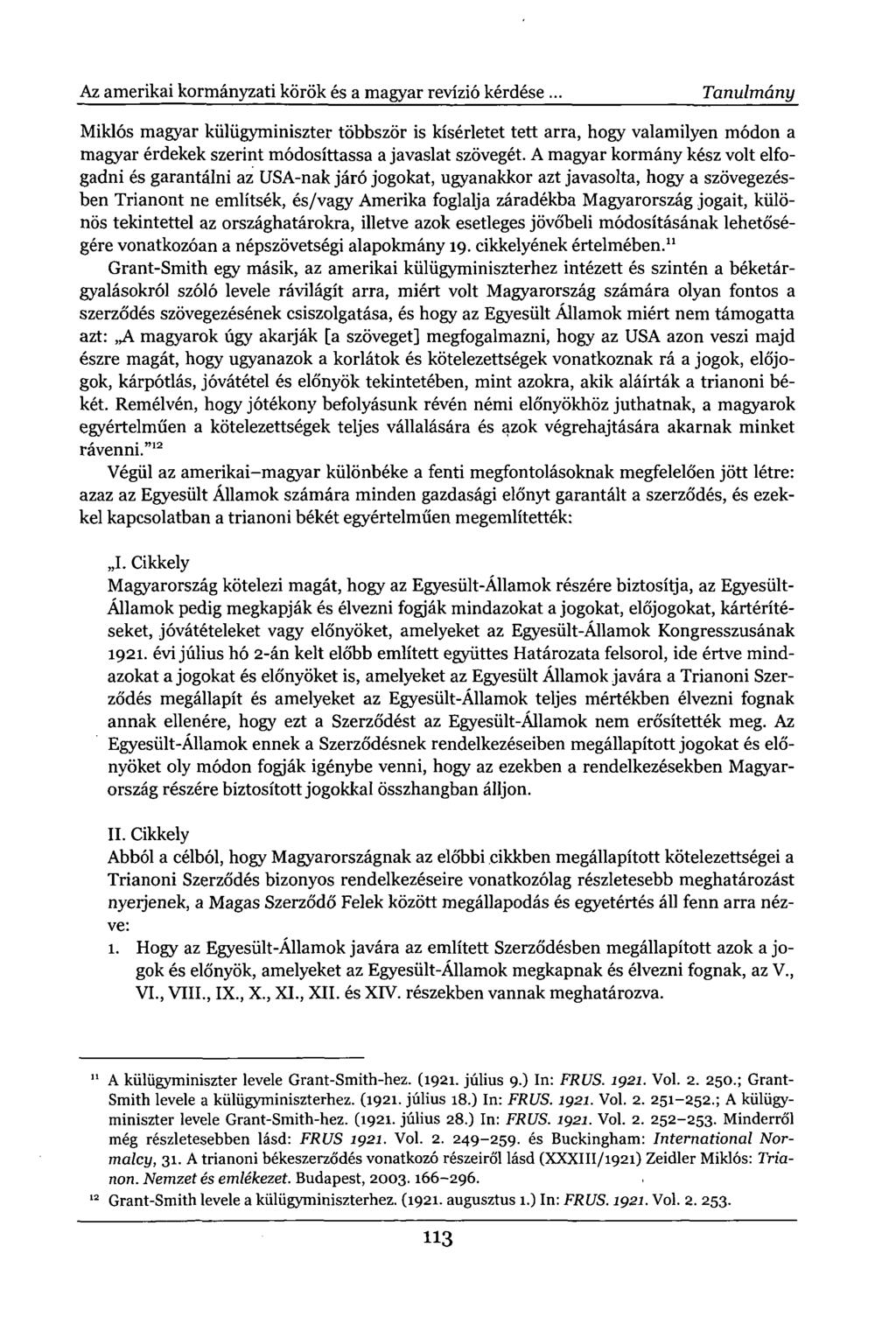 Az amerikai kormányzati körök és a magyar revízió kérdése.