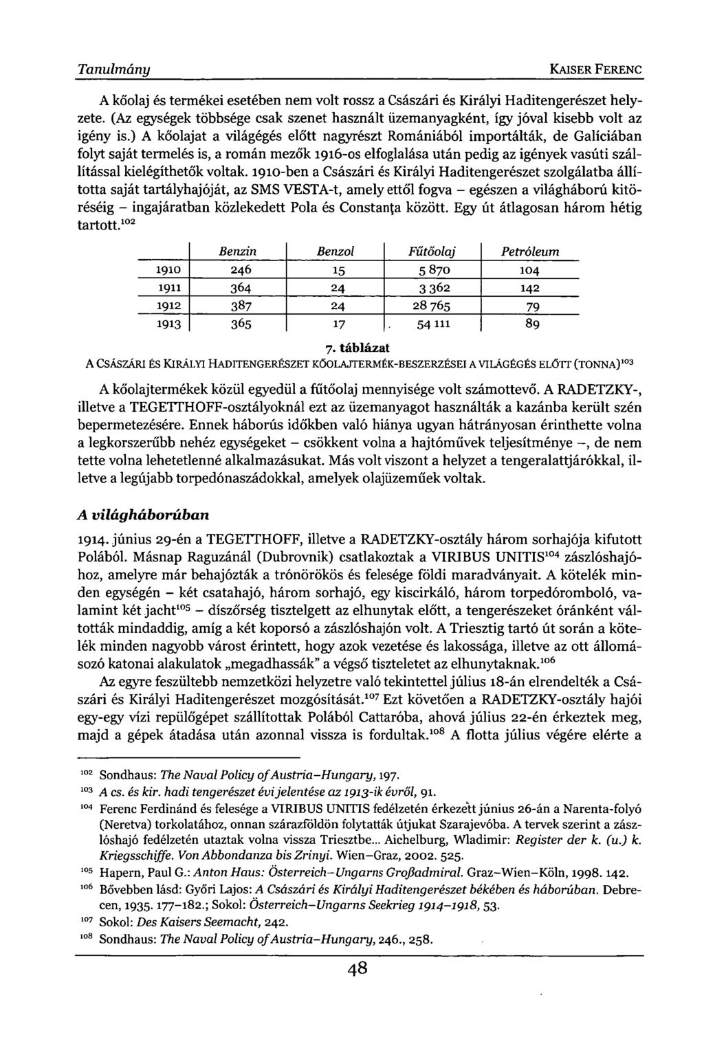 Tanulmány KAISER FERENC A kőolaj és termékei esetében nem volt rossz a Császári és Királyi Haditengerészet helyzete.