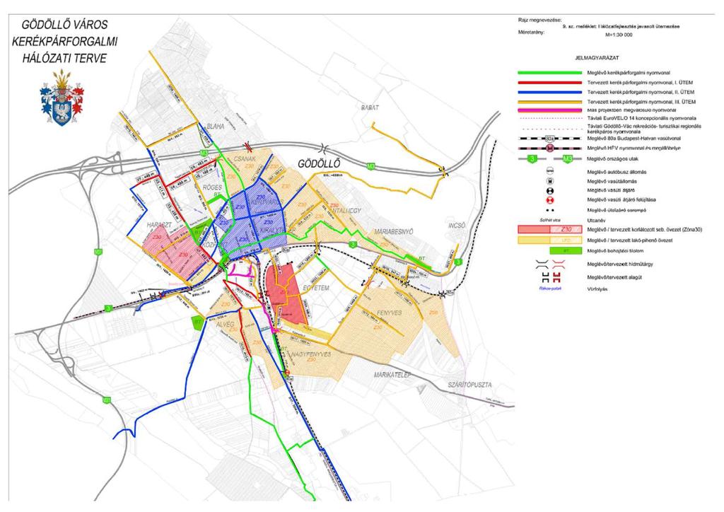 98. ábra A kerékpár-hálózati terv és a javasolt Tempó 30-as területek (Forrás: Gödöllő város kerékpárforgalmi hálózati terve) 7.
