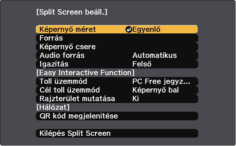 Két kép egyidejű kivetítése Az osztott képernyős funkció segítségével egyszerre vetíthet ki két képet különböző képforrásokról.