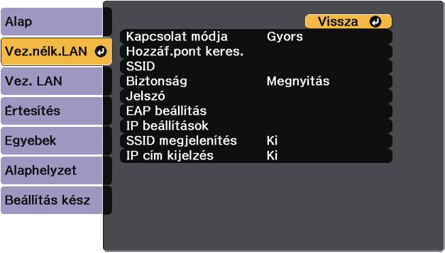 A kivetítő hálózti beállítási - Hálózt menü 202 Beállítás Opciók Leírás Jelszó megjelenítése Be Ki LAN infó megjelenítése Szöveg és QR kód Szöveg Állíts Be értékre, kivetítő kulcsszvánk vetített