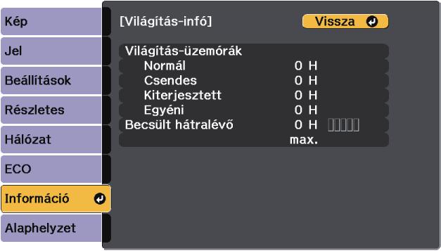 A kivetítő dtink megjelenítése - Információ menü 212 Információ menü - Világítás-infó menü Megjelenítheti kivetítő fényforrásánk információját, Világítás-infó menü megtekintésével kivetítő Információ