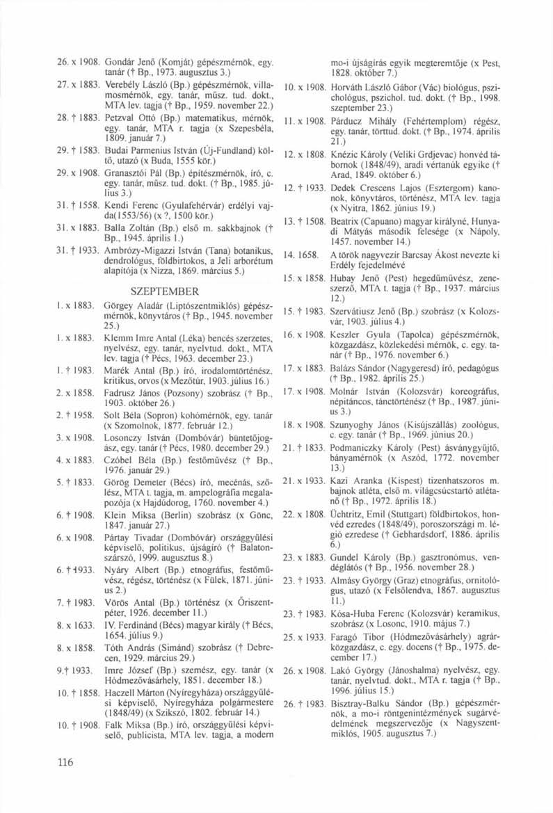 26. x 1908. Gondár Jenő (Komját) gépészmérnök, egy. tanár (t Bp., 1973. augusztus 3.) 27. x 1883. Verebély László (Bp.) gépészmérnök, villamosmérnök, egy. tanár, műsz. tud. dokt., MTA lev.