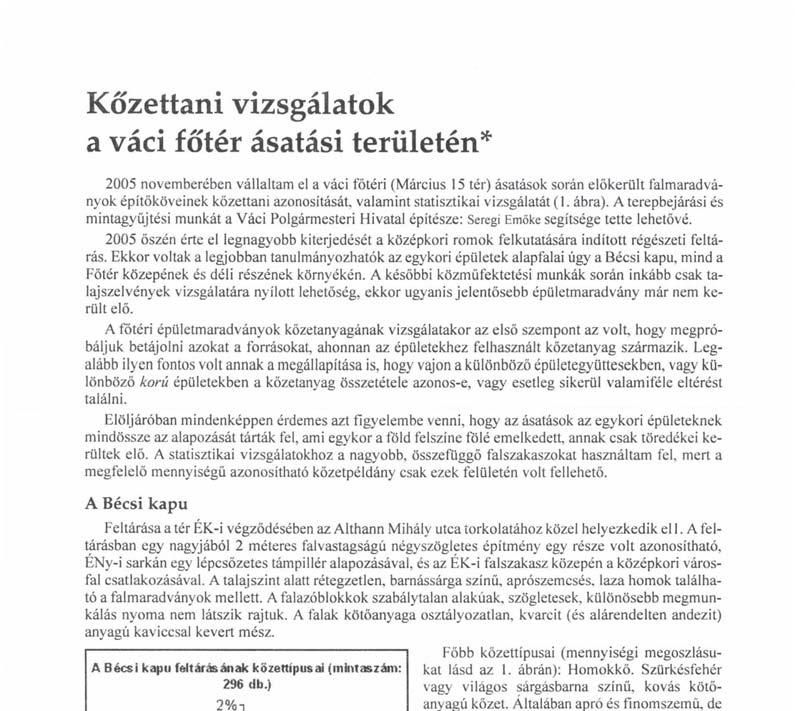 Kőzettani vizsgálatok a váci főtér ásatási területén* 2005 novemberében vállaltam el a váci főtéri (Március 15 tér) ásatások során előkerült falmaradványok építőköveinek kőzettani azonosítását,