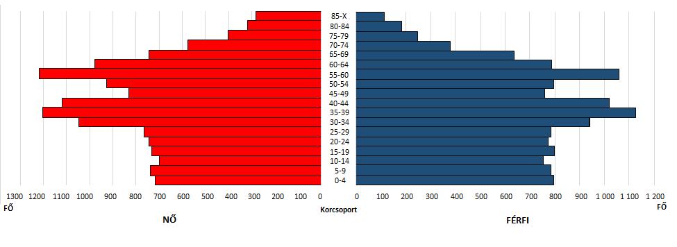 ábra: Budaörs korfája (2001) Forrás: KSH Népszámlálás 2001 adatai alapján Kiemelkedő a 20-34 (23%) és 40-54 (25%) évesek közötti korosztály aránya a teljes népességből, mind a nők, mind a férfiak
