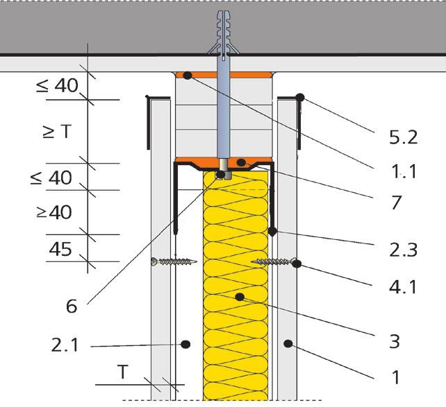 Jelmagyarázat: 1. Rigips gipszkarton építőlemez 1.1. Gipszkarton csíkok 2.1. CW-profil 2.2. UW-profil 2. UW MAX-profil. Ásványgyapot szigetelés 4.1. Rigips 212/25 gyorsépítô csavarok 4.2. Rigips 212/5 gyorsépítô csavarok 5.