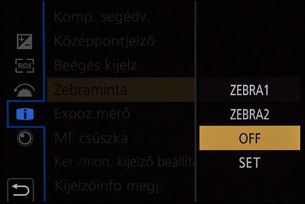 Az expozíció ellenőrzésére zebramintát is kapunk, ahol van két előre definiált. Ha azonban egyik sem felel meg a célnak, akár saját értéket is beállíthatunk.