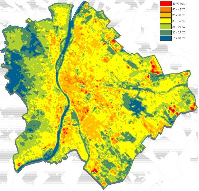 HŐSZIGETHATÁS A FŐVÁROSBAN Évi átlagos felszínhőmérséklet alapú hősziget intenzitás