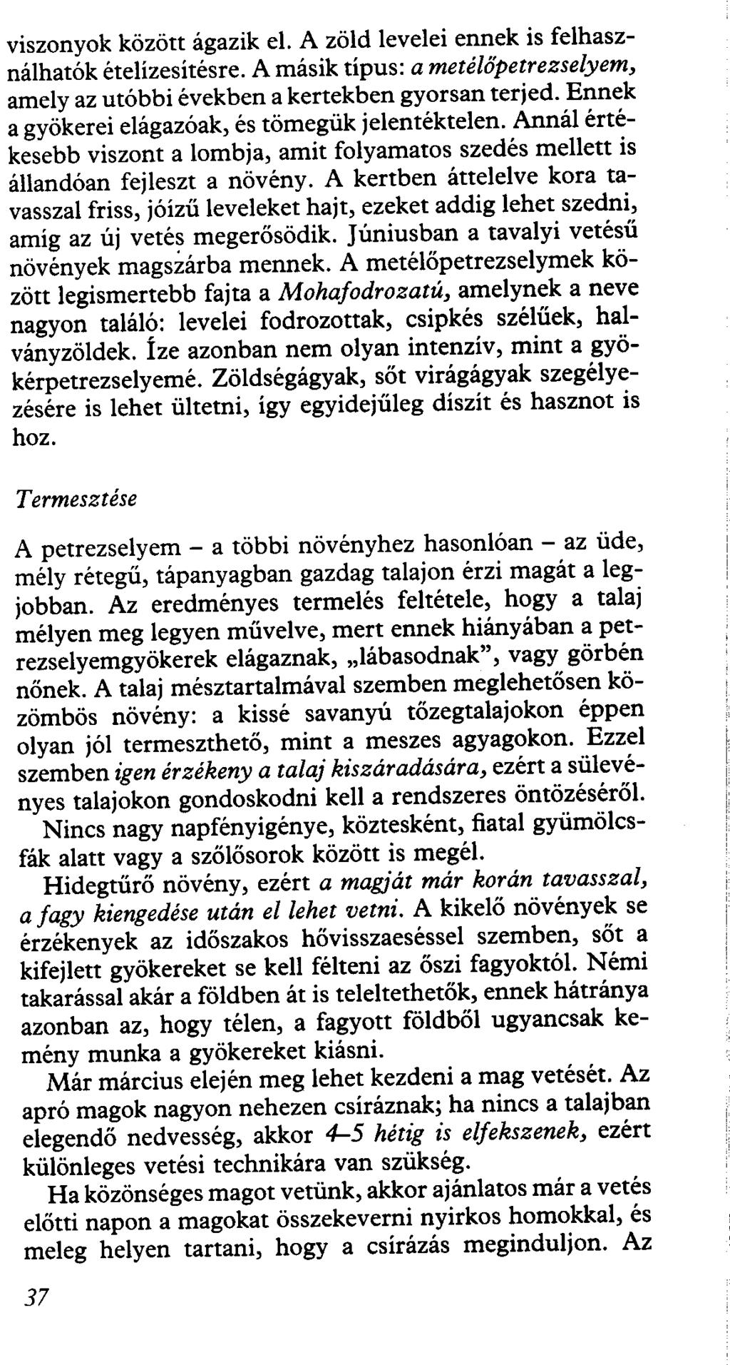 viszonyok között ágazik el. A zöld levelei ennek is felhasználhatók ételízesítésre. A másik típus: a metélőpetrezselyem, amely az utóbbi években a kertekben gyorsan terjed.