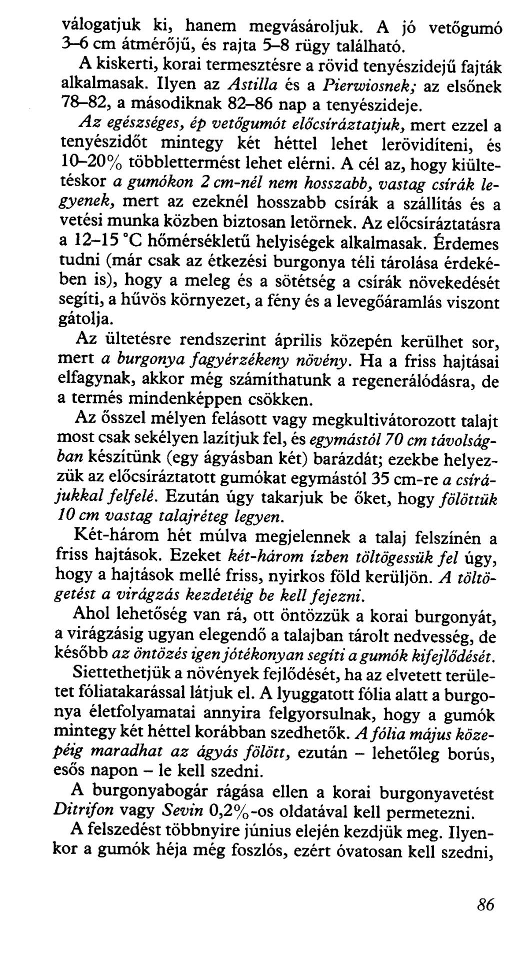 válogatjuk ki, hanem megvásároljuk. A jó vetőgumó 3-6 cm átmérőjű, és rajta 5-8 rügy található. A kiskerti, korai termesztésre a rövid tenyészidejű fajták alkalmasak.