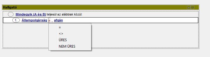 feltétel adat között láthatóak relációs jelek, melyek az adott táblamezőre