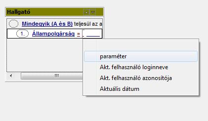 18.2.5. Paraméteres szűrés Paramétert megadni csak összehasonlítást tartalmazó elemi mező- ill. statisztikai feltételre, ezen belül is csak az összehasonlításban szereplő értékre lehet.