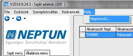 4. Help A Help menüpont alatt megjelenő Neptunról feliratra kattintva információt kaphat a felhasználó az általa használt NEPTUN.