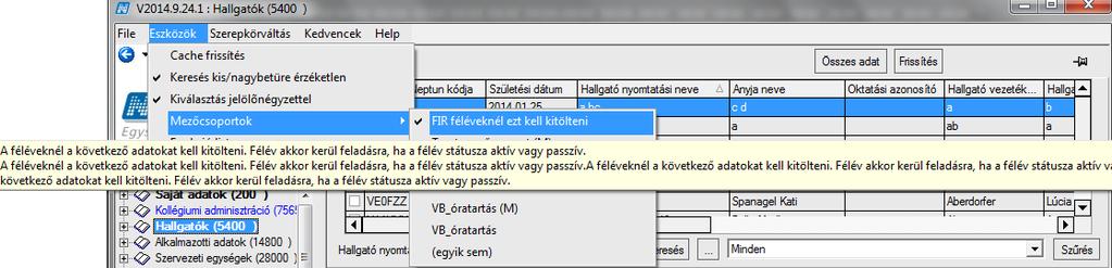 Mezőcsoport kiválasztása, mezőcsoport leírása megjelenik A kiválasztott mezőcsoport mellett megjelenik a pipa, ezáltal a mezőcsoport mezői a beállított felületen kiemelésre kerülnek.
