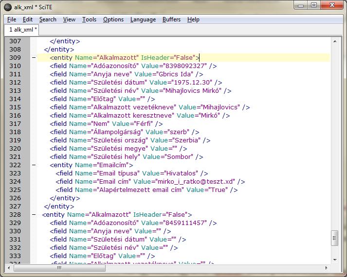 Adatokkal feltöltött xml-fájl Kiadás: