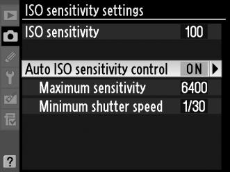 Jelölje ki az Auto ISO sensitivity control (ISO érzékenység automatikus szabályozása) lehetőséget és nyomja meg a 2 gombot. 2 Válassz az On (Be) értéket.