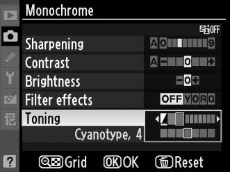 A Filter Effects (Monochrome Only) (Szűrőeffektusok (csak monokróm esetén)) Az ebben a menüben található beállítások a szűrőeffektusok hatását szimulálják fekete-fehér fényképeken.
