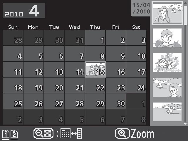 Dátumlista: Kilépés a 72-képkockás visszajátszásba. Kisképek listája: A kijelölt fénykép nagyításához nyomja meg és tartsa lenyomva a X gombot. Dátumlista: Dátum kijelölése.
